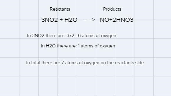 How many atoms of oxygen are in the reactants of the following equation? 3NO2 + H-example-1