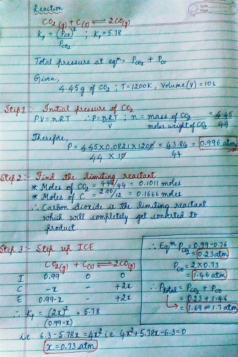 The reaction CO₂(g) + C(s) = 2 CO(g) has Kp = 5.78 at 1200 K. a. Calculate the total-example-1