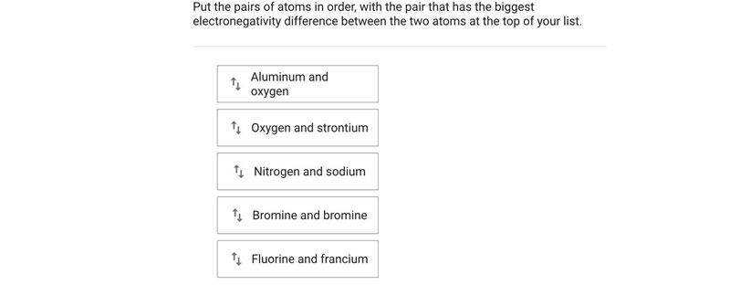 Put the pairs of atoms in order, with the pair that has the biggest electronegativity-example-1