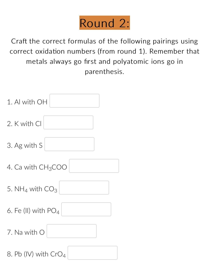 PLEASE HELP : Craft the correct formulas of the following pairings using correct oxidation-example-1