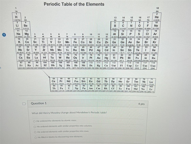 What did Henry Moseley change about Mendeleev's Periodic table? O He ordered the elements-example-1