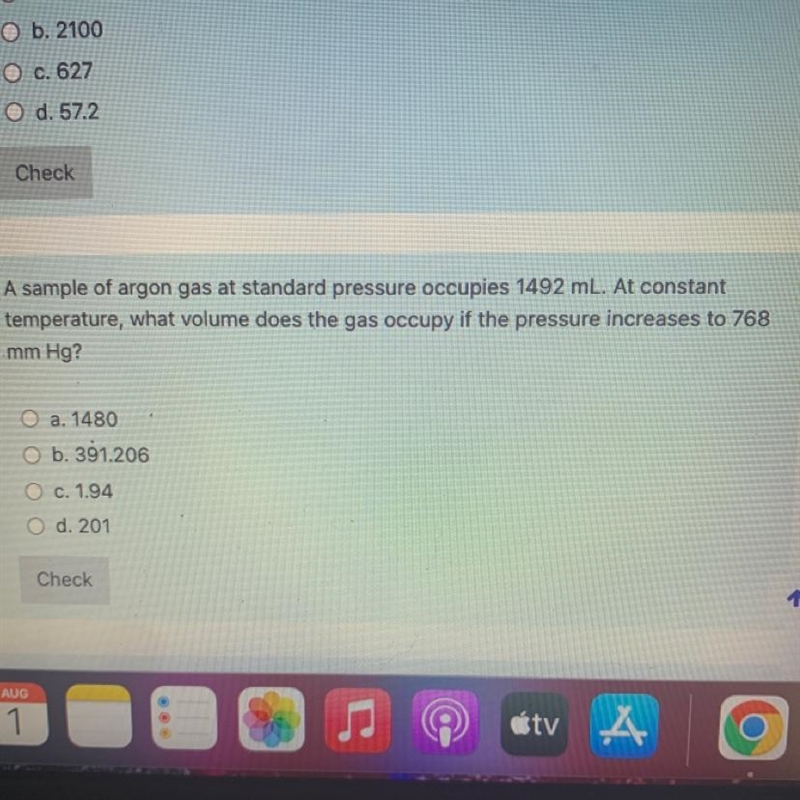 imple of argon gas at standard pressure occupies 1492 mL. At constantperature, what-example-1