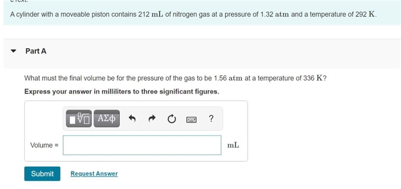 What must the final volume be for the pressure of the gas to be 1.56 atm at a temperature-example-1