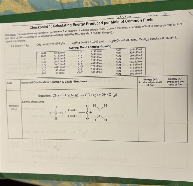 Calculate the energy produced per mole of fuel based on the bond energy chart. Convert-example-1