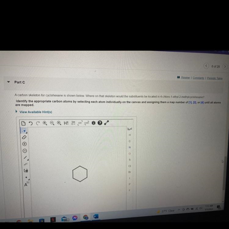 Where in the skeleton would the substitutes be located for 4-chloro-1-ethyl-2-methylcyclohexane-example-1