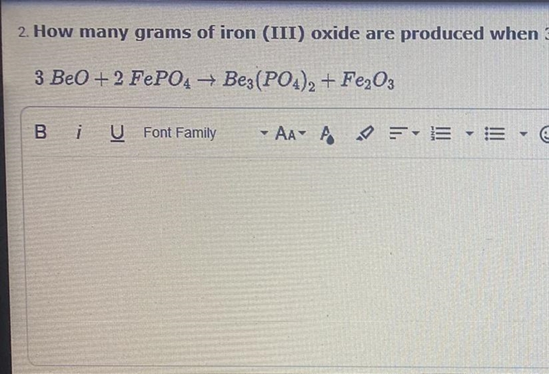 How many grams of iron (III) oxide are produced when 38 grams of beryllium oxide react-example-1