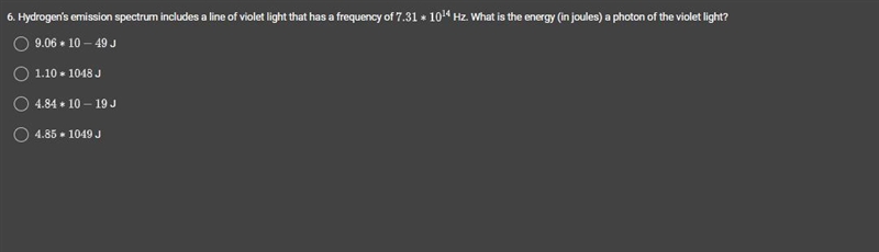 Hydrogen’s emission spectrum includes a line of violet light that has a frequency-example-1