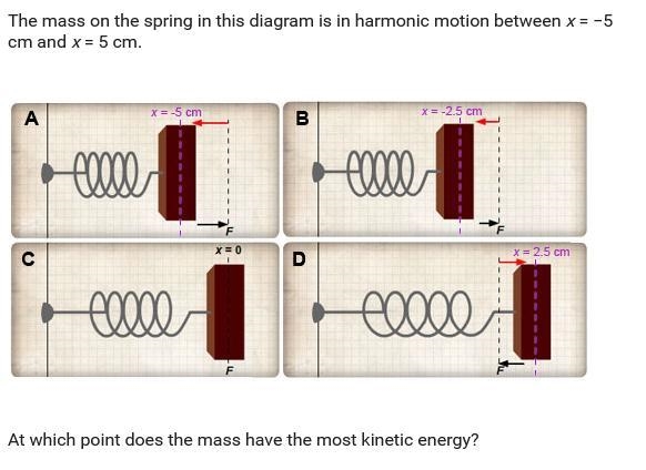 PLEASE HELP ME!!!!! At what point does the mass have the most KINETIC ENERGY?-example-1