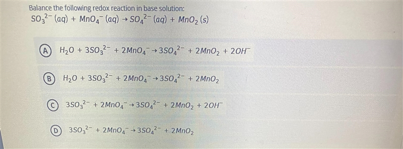 Balance the following redox reaction in base solution:SO32- (aq) + MnO4 (aq) → SO-example-1