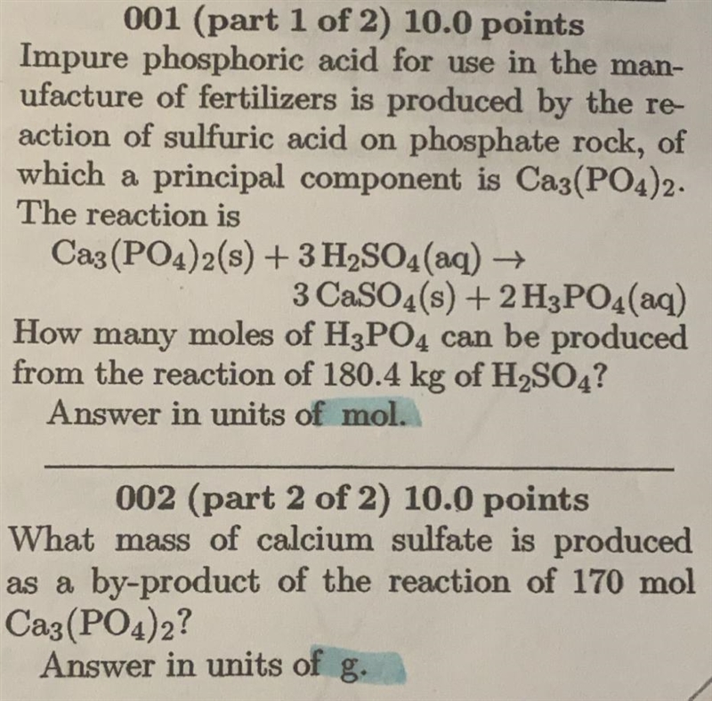 Impure phosphoric acid for use the manufacture of fertilizers is produced by the reaction-example-1