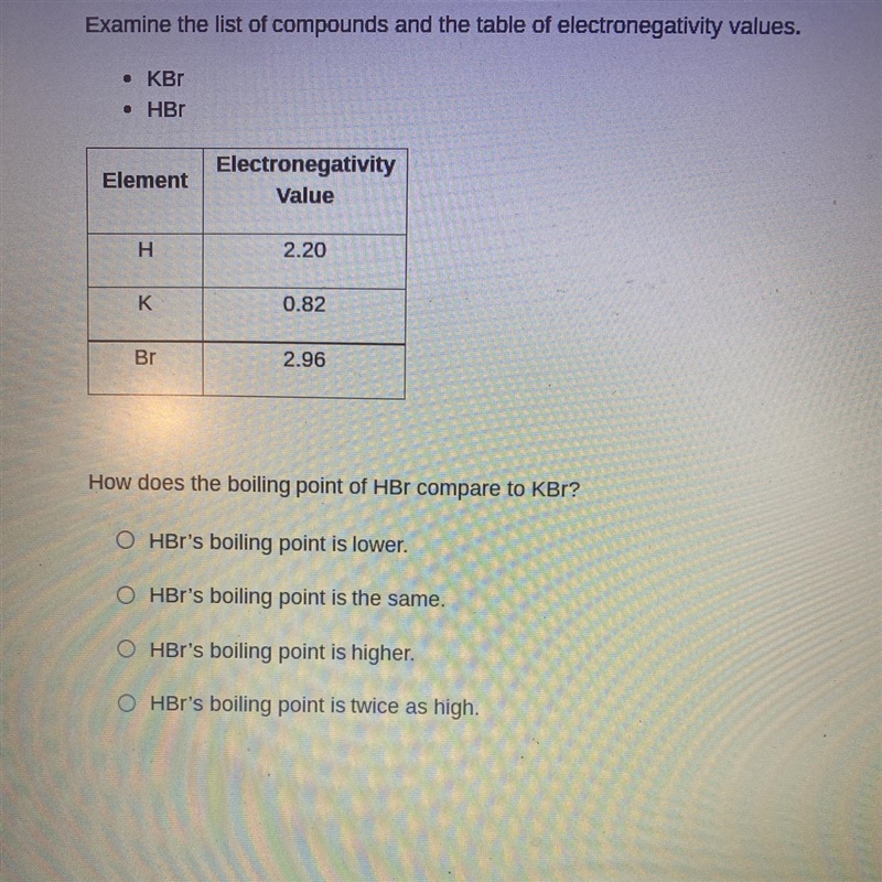 How does the boiling point of HBr compare to KBr ?-example-1