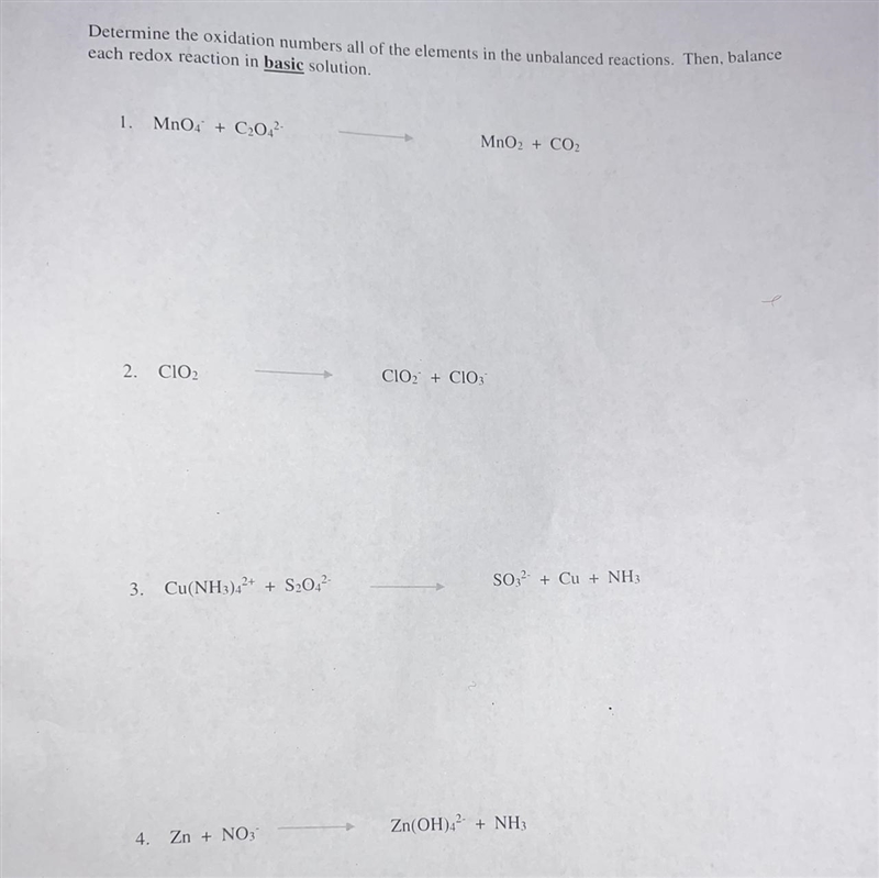 Determine the oxidation numbers of all of the elements in the unbalanced reactions-example-1