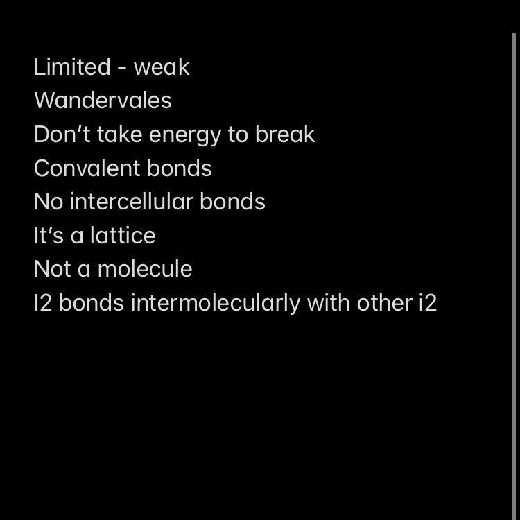 Diamond has a macromolecular structure and iodine is a simple covalent molecule. Use-example-1