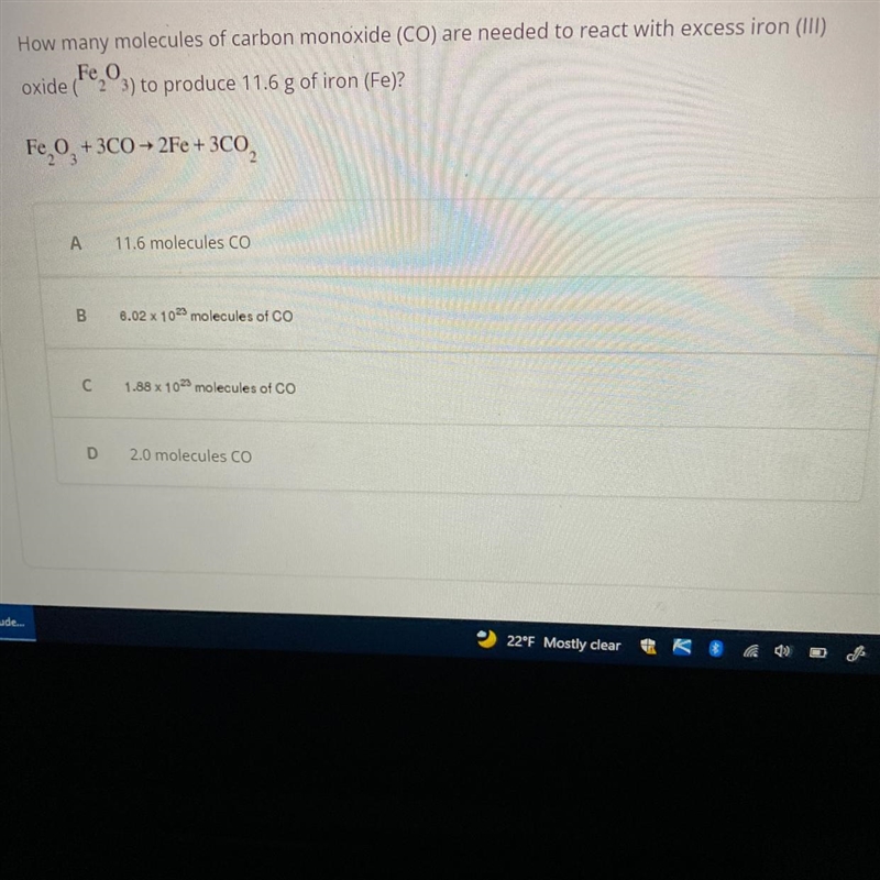 How many molecules of carbon monoxide are needed to react with excess iron (III) oxide-example-1