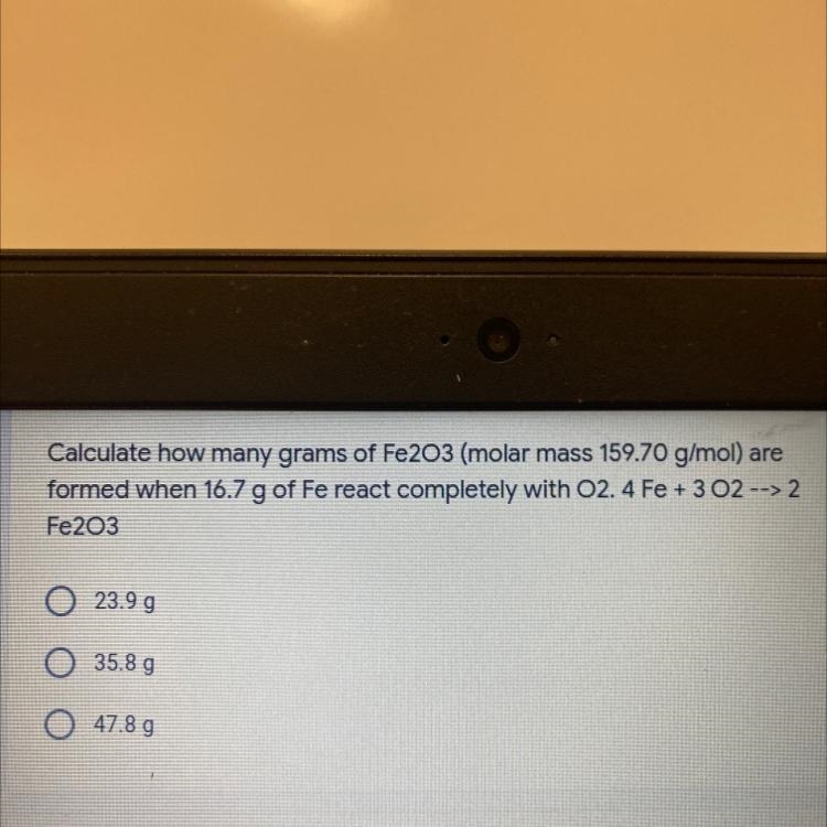 Calculate how many grams of Fe2O3 (molar mass 159.70 g/mol) are formed when 16.7 g-example-1