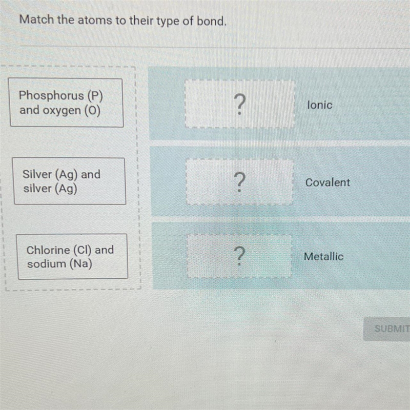 Match the atoms to their type of bond.Phosphorus (P)and oxyger )?lonicSilver (Ag) andsilver-example-1