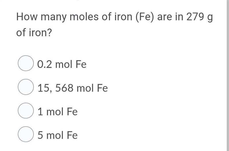 How many moles of iron (Fe) are in 279 g of iron?-example-1