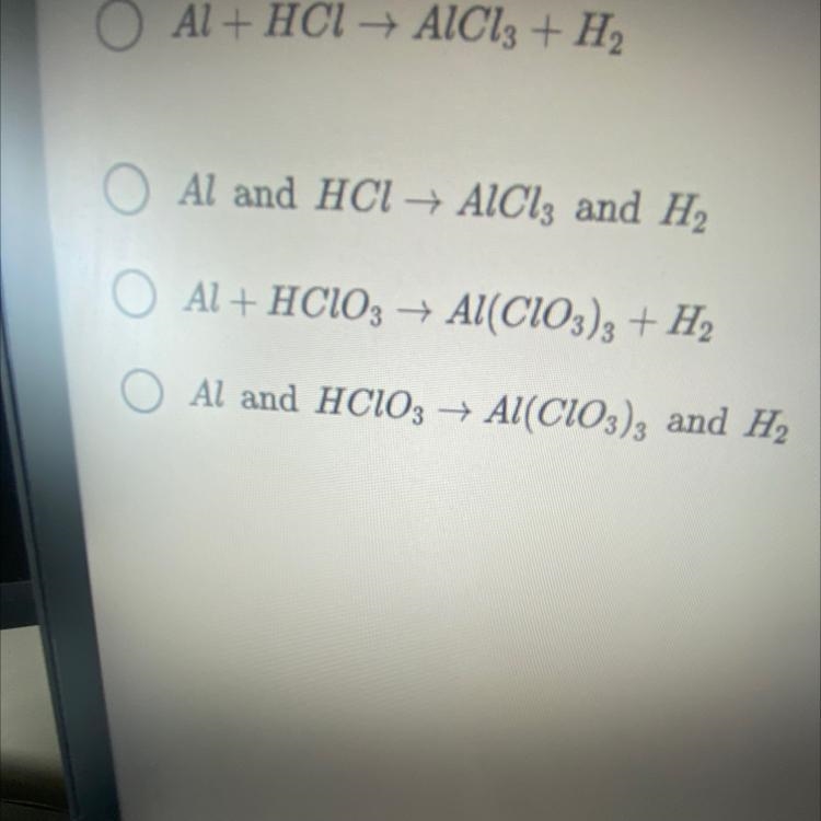 Turn the following word equation into a symbolic equation: aluminum reacts with hydrochloric-example-1