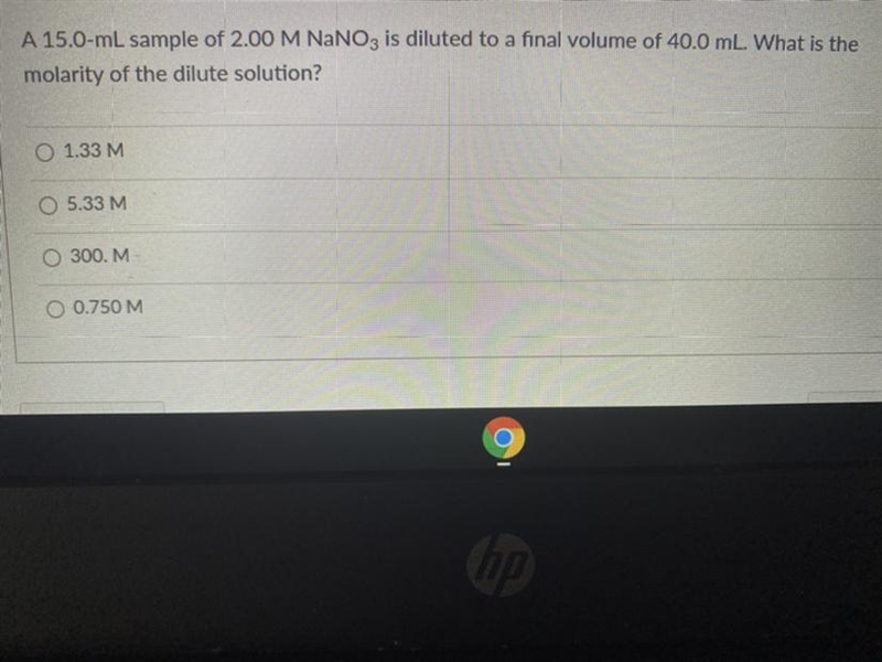 A 15.0-mL sample of 2.00 M NaNO is diluted to a final volume of 40.0 mL. What is themolarity-example-1