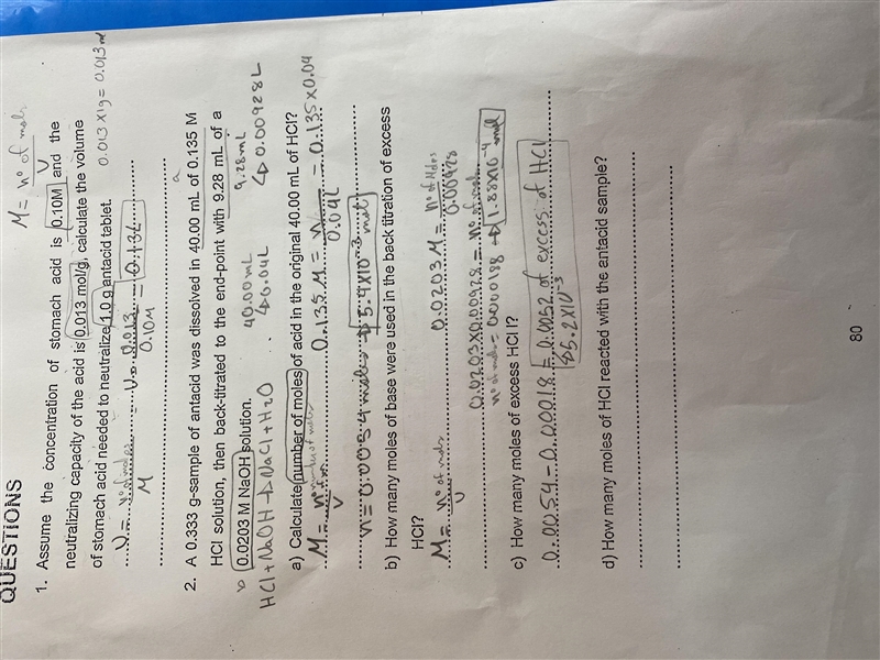 A 0.333 g-sample of antacid was dissoived in 40.00 mL of 0.135 MHCI solution, then-example-1