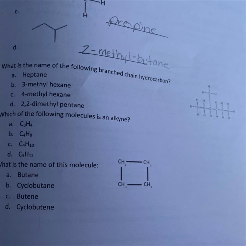 4. What is the name of the following branched chain hydrocarbon?a. Heptaneb. 3-methyl-example-1