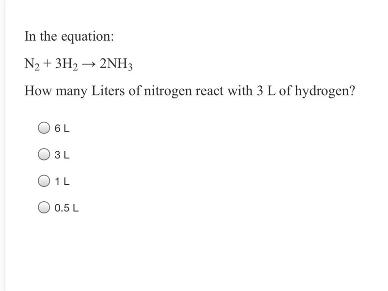 In the equation:N2 + 3H2 → 2NH3How many Liters of nitrogen react with 3 L of hydrogen-example-1