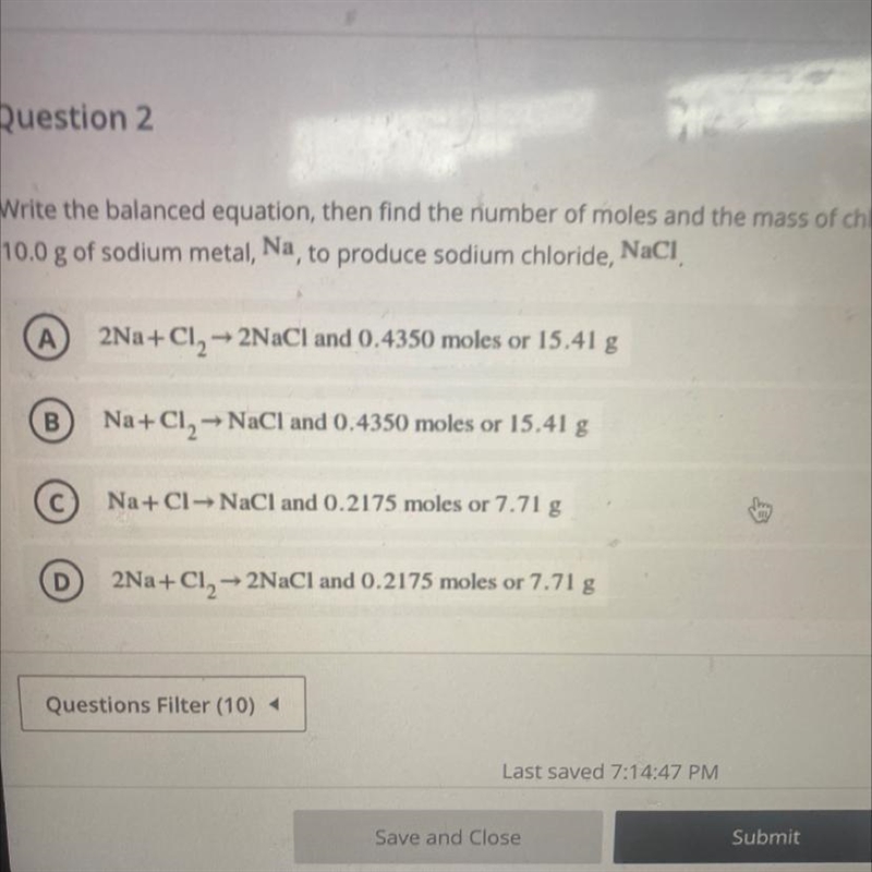 Right the balanced equation then find the number of moles in the mass of chlorine-example-1