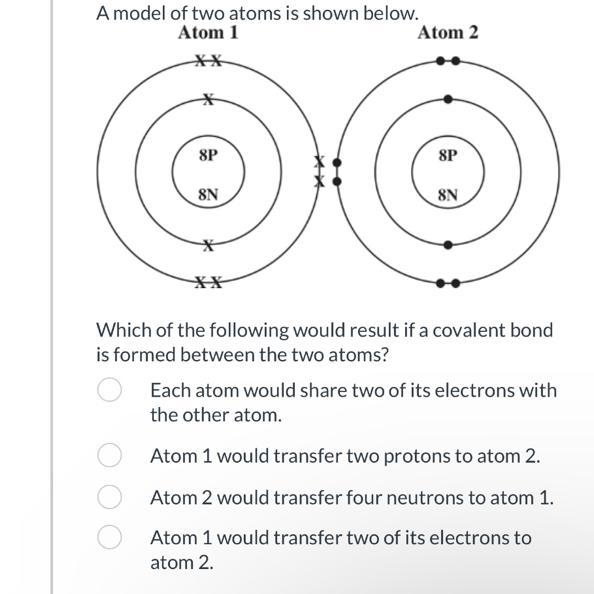 Which of the following would result if a covalent bond is formed between the two atoms-example-1