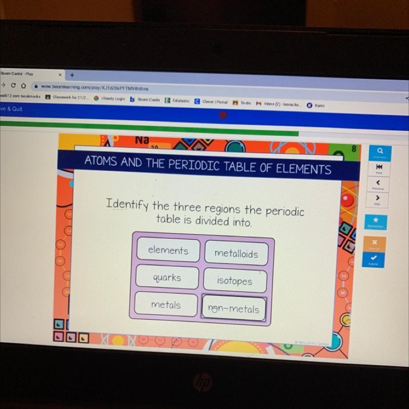 Identify the three regions the periodic table is divided into.-example-1