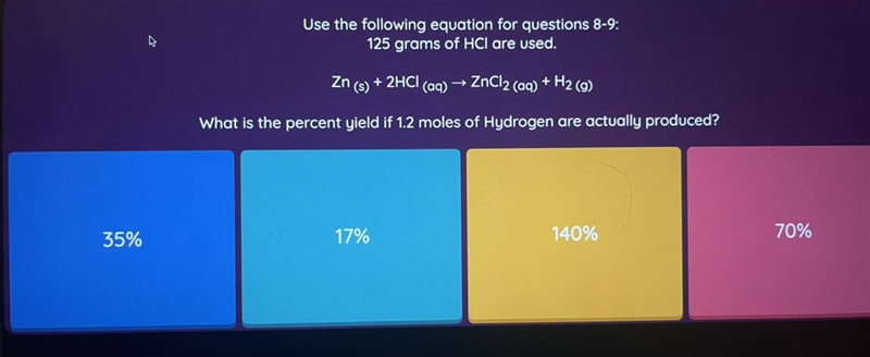 125 grams of HCl are used. Zn(s) + 2HCl(aq) = ZnCl2(aq) + H2(g). What is the percent-example-1