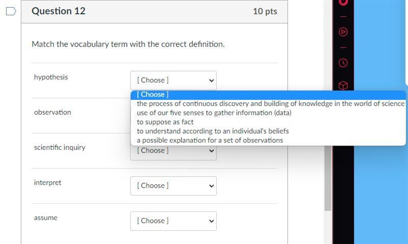 Match the vocabulary term with the correct definition. hypothesis [ Choose ] observation-example-1