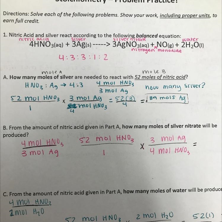 B. from 52 moles of nitric acid, how many moles of silver nitrate will be produced-example-1