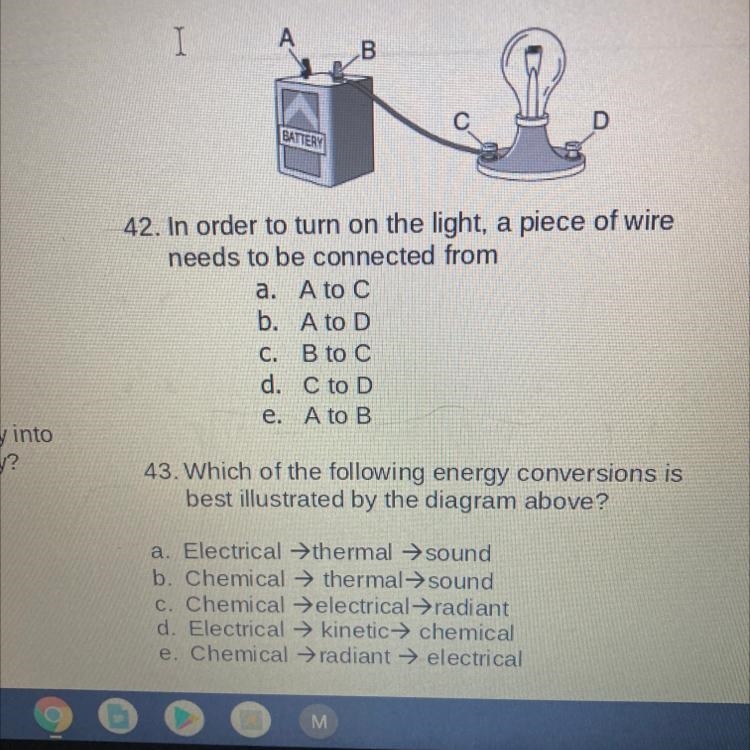 42. In order to turn on the light, a piece of wire needs to be connected from 43. Which-example-1