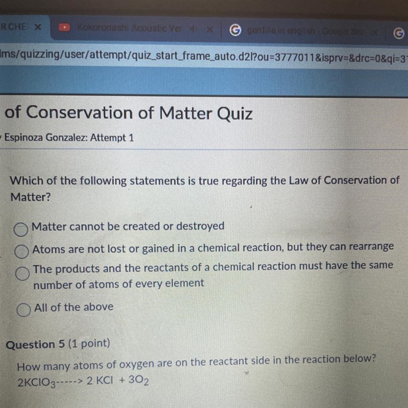 Which of the following statements is true regarding the Law of Conservation of Matter-example-1