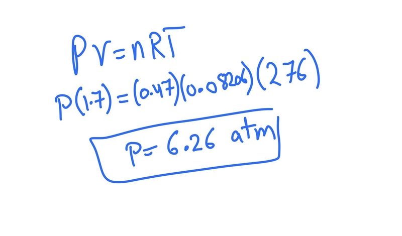 ASAP What is the pressure in atm of 0.47mol of a gas in a 1.7L container at 276K?-example-1