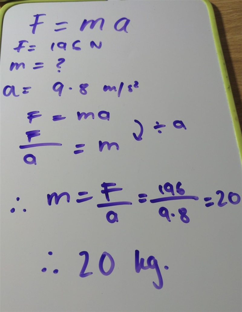 What is the mass of a falling rock if it produces a force of 196N? *acceleration due-example-1