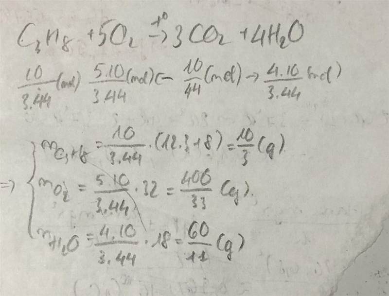 During combustion reaction of propane (C3H8) the amount of CO2 gas was 10 grams. Calculate-example-1