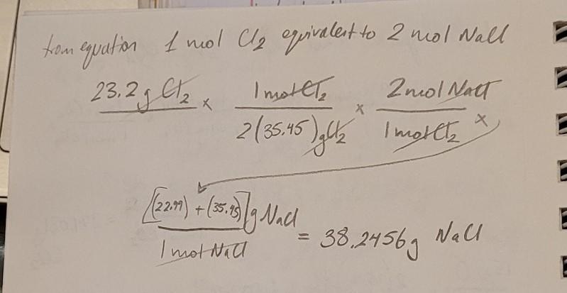 2 Na + 1 Cl2 → 2 Naci How many grams of NaCl are created from 23,2 grams Cl2?-example-1