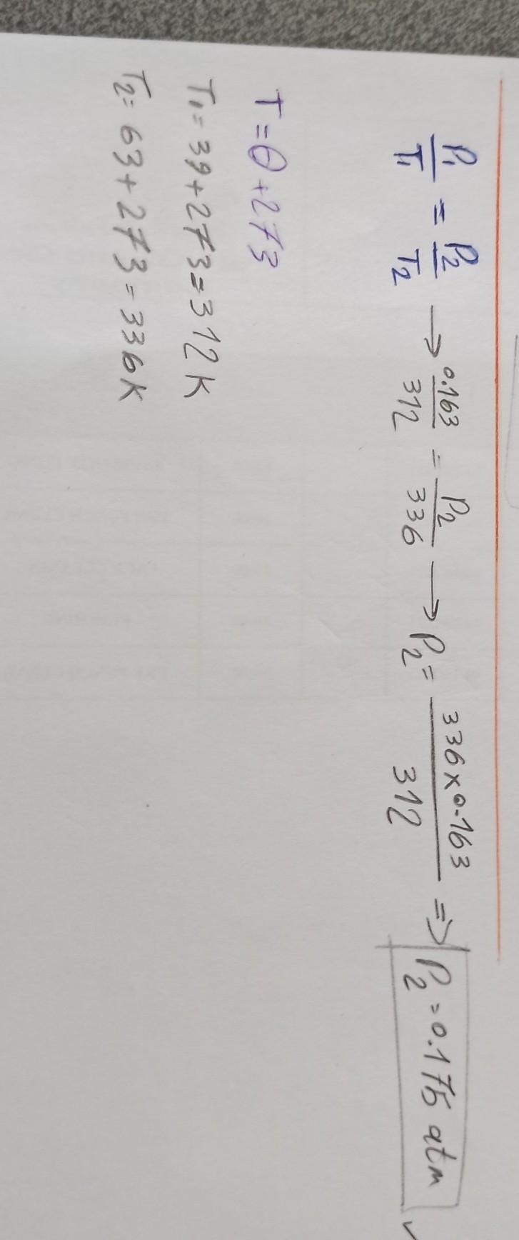 A sample of hydrogen at 39°c exerts a pressure of 0. 163 atm. the gas is heated to-example-1