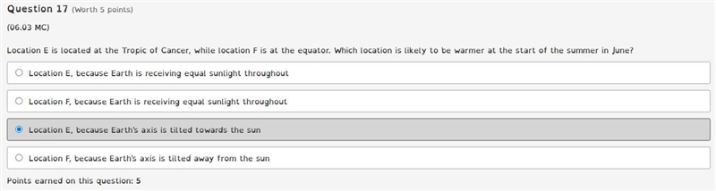 Location E is located at the Tropic of Cancer, while location F is at the equator-example-1