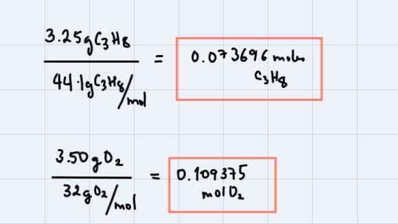 In an experiment, 3.25 g of C3H8 react with 3.50 g of O2.1) Write the formula for-example-2