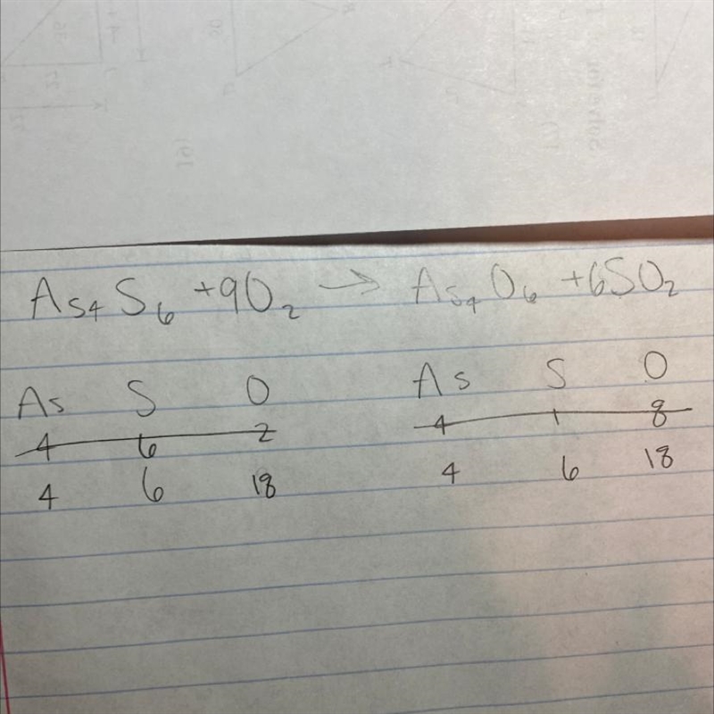 Balance the following chemical equation: As4S6+ 02 -> As406+ SO2 What the answer-example-1