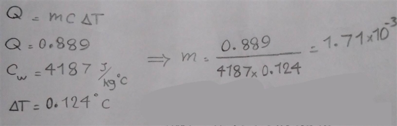 If 0.889J of heat causes a 0.124 degree C temperature change, what mass of water is-example-1