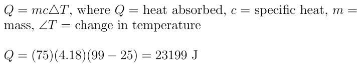 1) How many Joules of energy are released when 75g of water is heated from 25°C to-example-1