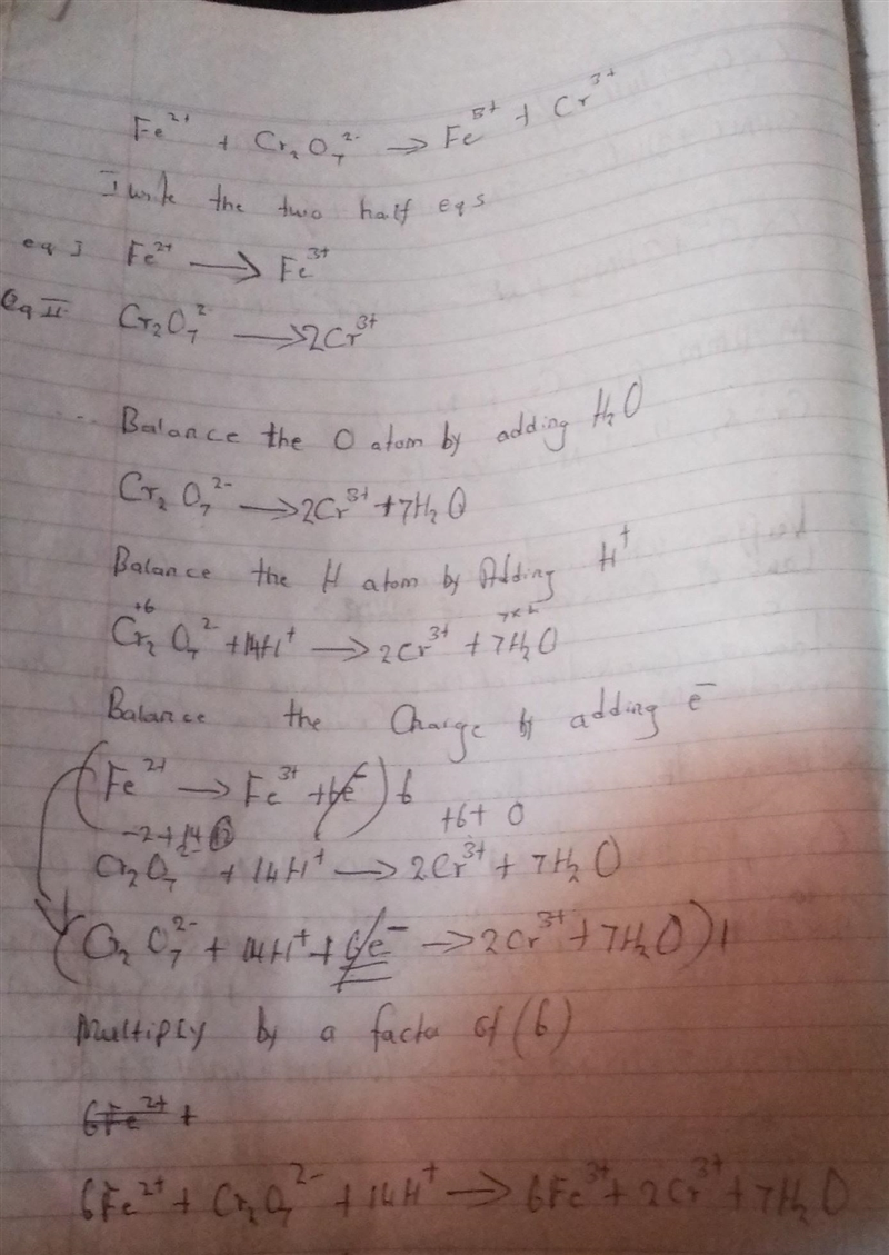 1, Consider the following redox reaction: Fe (aq) + Cr₂02 (aq) + H*(aq) →→ Fe³+ (aq-example-1