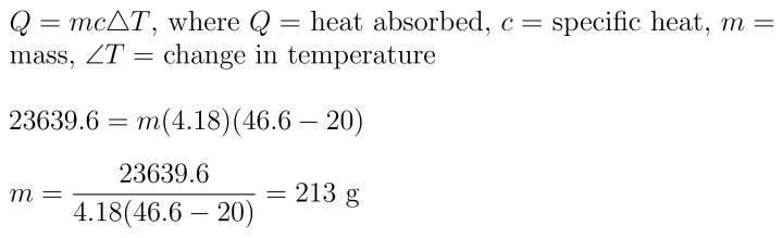 The temperature of a sample of water increases from 20°C to 46.6°C as it absorbs 23,639.6 J-example-1