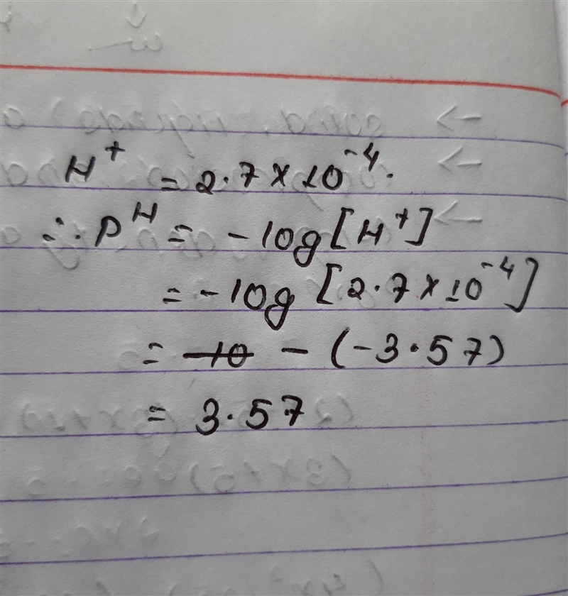 What is the pH of a solution whose [H⁺] is 2.7 x 10⁻⁴ M?-example-1