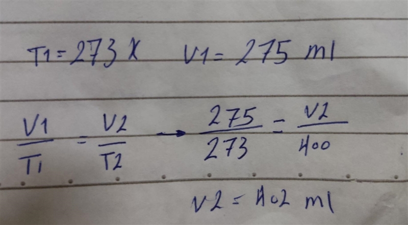 At standard temperature, a gas has a volume of 275 mL. If the temperature is raised-example-1