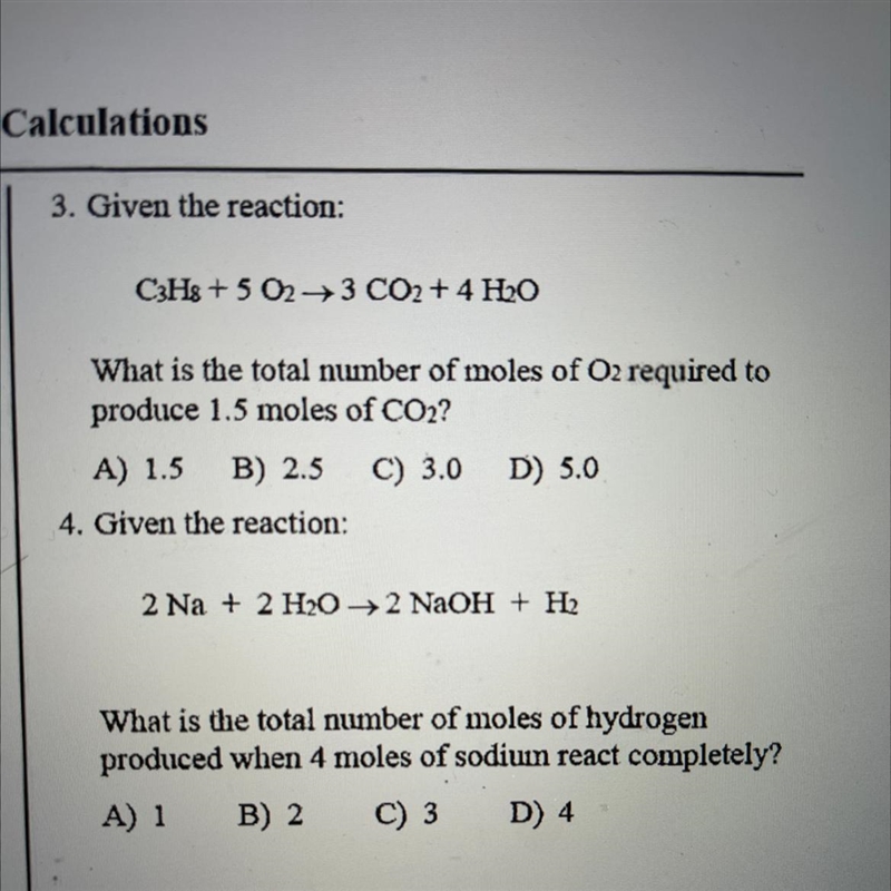 3. Given the reaction: C3Hs +5 3 CO2 + 4H2O What is the total nuunber of moles of-example-1