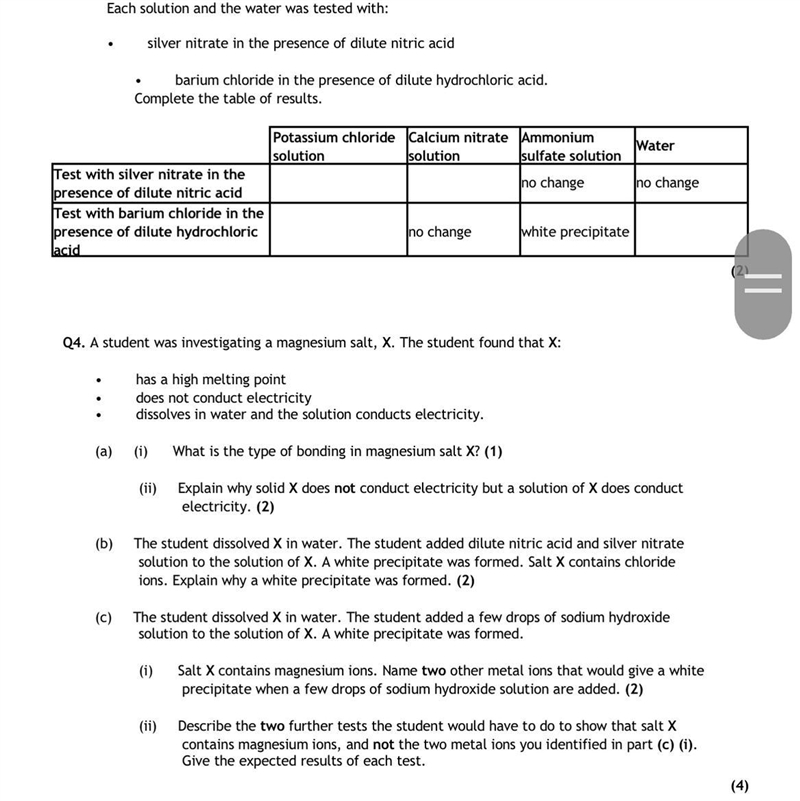 Q4. A student was investigating a magnesium salt, X. The student found that X: has-example-1